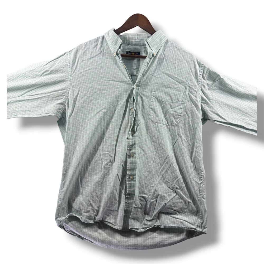 Club Room Mens Regular Fit Button Down Shirt Green White Plaid Cotton 16 34/35